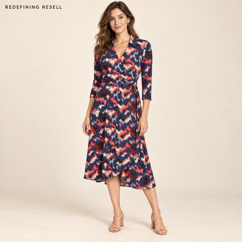 Kaileigh Navy Blue Coral Abstract Ikat Print Midi Wrap Dress 3/4 Sleeve Small